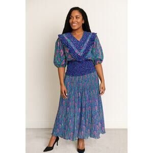 Susan Freis Vntg Blue Pink Green Floral Ruffled Pleated Med Top/Skirt Pulitzer